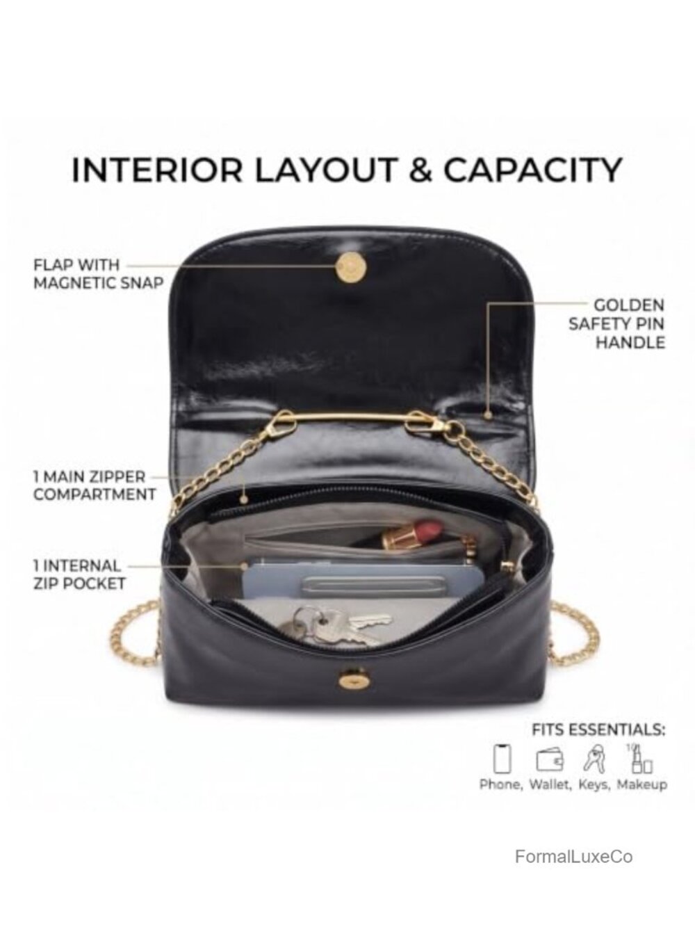 Evening Clutch Gold Pin Handle Crossbody Purse Vegan Leather - Picture 3 of 6